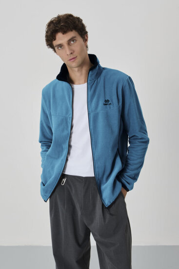 Zümrüt Yazı Nakışlı Dik Yaka Fermuarlı Standart Kalıp Erkek Sweatshirt Polar - 87992 