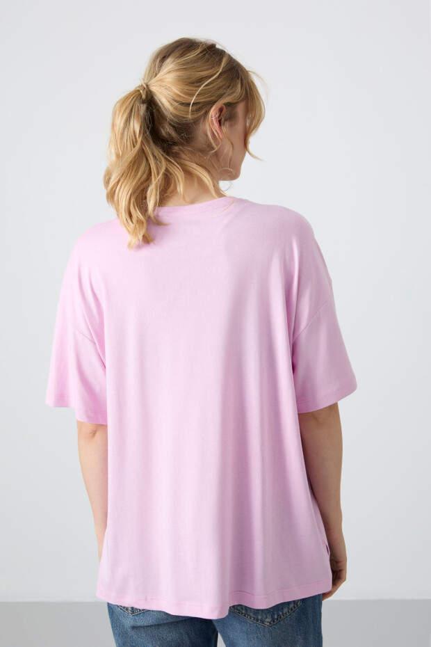 Pembe Penye Modal Yumuşak Tuşeli Oversize Fit Basic Kadın T-Shirt- 97285 - 6