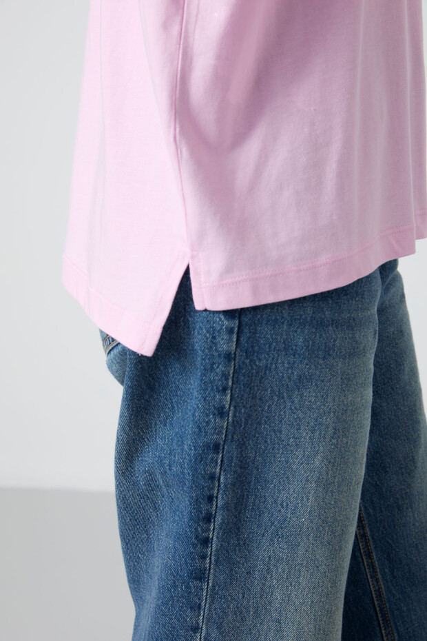 Pembe Penye Modal Yumuşak Tuşeli Oversize Fit Basic Kadın T-Shirt- 97285 - 4