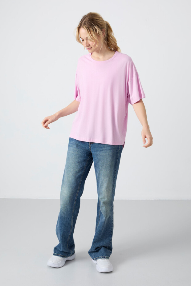 Pembe Penye Modal Yumuşak Tuşeli Oversize Fit Basic Kadın T-Shirt- 97285 - 2