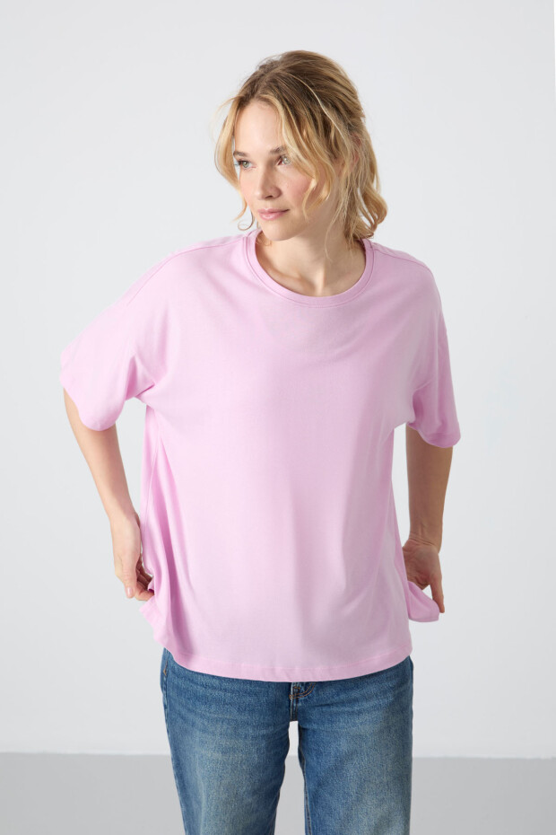 Pembe Penye Modal Yumuşak Tuşeli Oversize Fit Basic Kadın T-Shirt- 97285 - 5