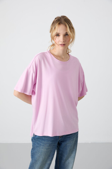 Pembe Penye Modal Yumuşak Tuşeli Oversize Fit Basic Kadın T-Shirt- 97285 