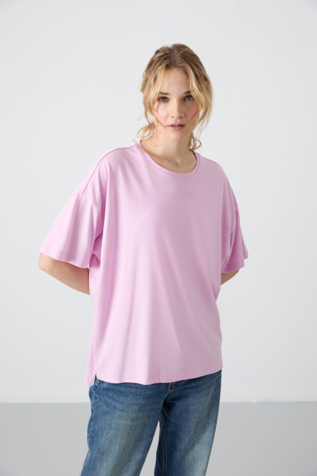 Pembe Penye Modal Yumuşak Tuşeli Oversize Fit Basic Kadın T-Shirt- 97285 - 1