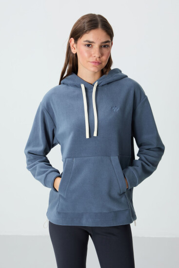 Petrol Kalın Yumuşak Dokulu Kapüşonlu Oversize Nakışlı Polar Kadın Sweatshirt - 97292 