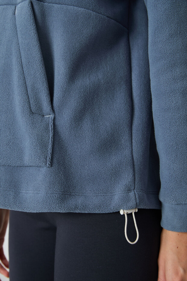 Petrol Kalın Yumuşak Dokulu Kapüşonlu Oversize Nakışlı Polar Kadın Sweatshirt - 97292 - 5