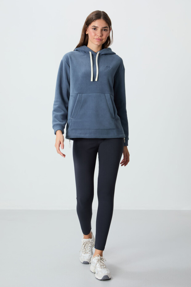 Petrol Kalın Yumuşak Dokulu Kapüşonlu Rahat Form Nakışlı Polar Kadın Sweatshirt - 97292 - 2