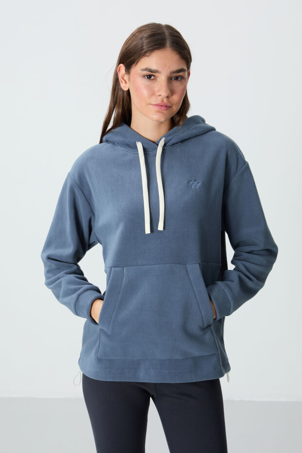 Petrol Kalın Yumuşak Dokulu Kapüşonlu Rahat Form Nakışlı Polar Kadın Sweatshirt - 97292 - 1