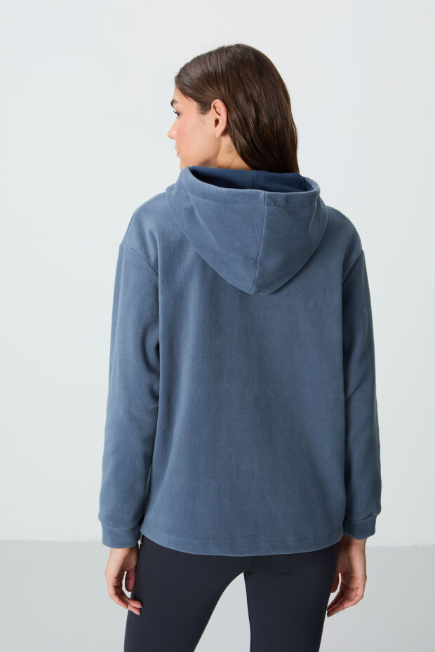 Petrol Kalın Yumuşak Dokulu Kapüşonlu Rahat Form Nakışlı Polar Kadın Sweatshirt - 97292 - 6