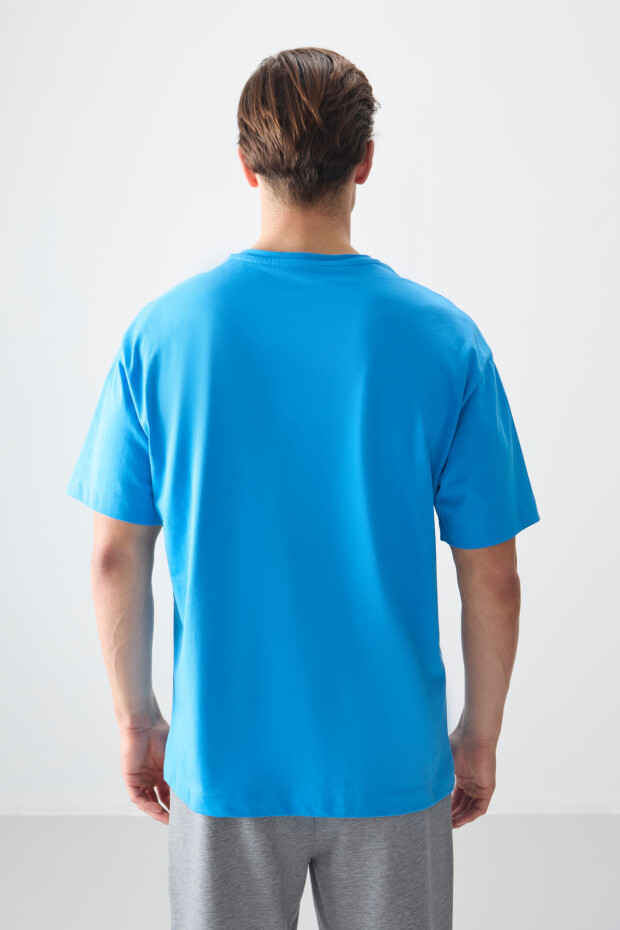 Petrol Mavi %100 Pamuk Kalın Yumuşak Dokulu Oversize Fit Basic Erkek T-Shirt - 88353 - 6