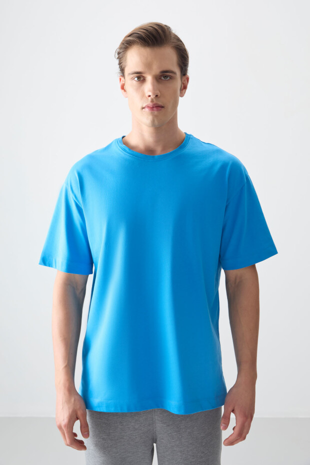 Petrol Mavi %100 Pamuk Kalın Yumuşak Dokulu Oversize Fit Basic Erkek T-Shirt - 88353 - 2