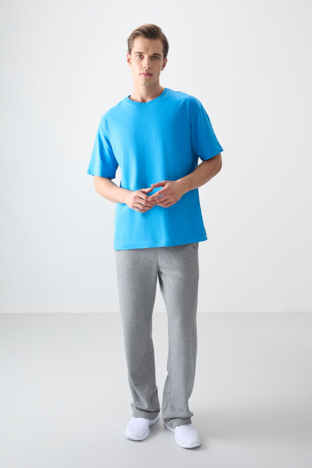 Petrol Mavi %100 Pamuk Kalın Yumuşak Dokulu Oversize Fit Basic Erkek T-Shirt - 88353 - 3