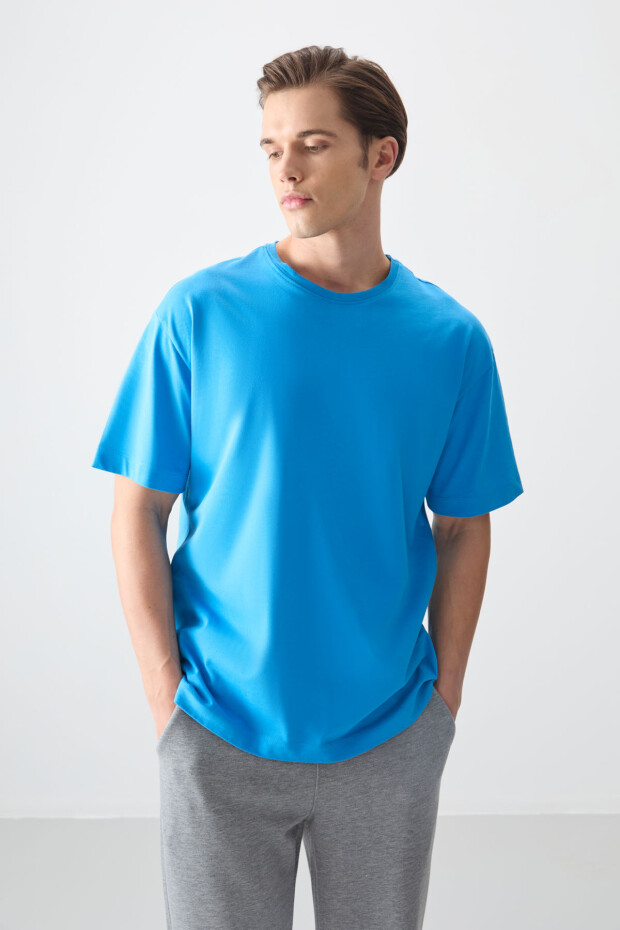 Petrol Mavi %100 Pamuk Kalın Yumuşak Dokulu Oversize Fit Basic Erkek T-Shirt - 88353 - 4