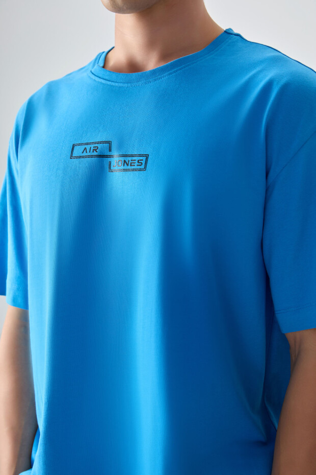 Petrol Mavi %100 Pamuk Kalın Yumuşak Dokulu Oversize Fit Baskılı Erkek T-Shirt - 88361 - 2