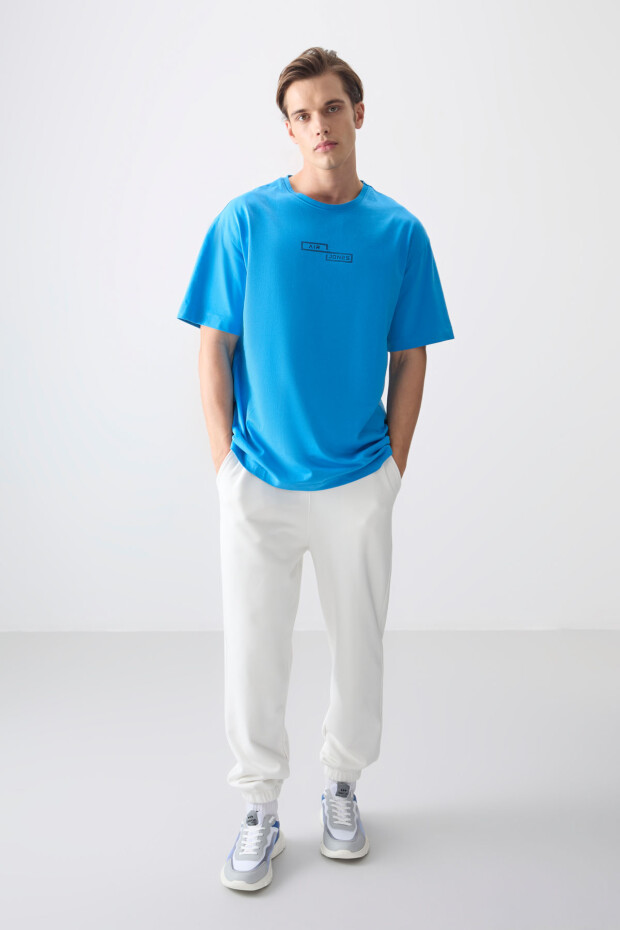 Petrol Mavi %100 Pamuk Kalın Yumuşak Dokulu Oversize Fit Baskılı Erkek T-Shirt - 88361 - 3