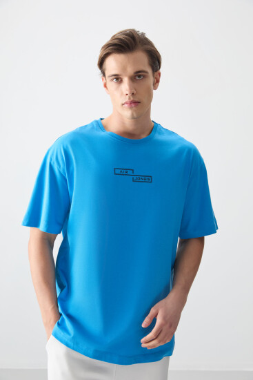 Petrol Mavi %100 Pamuk Kalın Yumuşak Dokulu Oversize Fit Baskılı Erkek T-Shirt - 88361 
