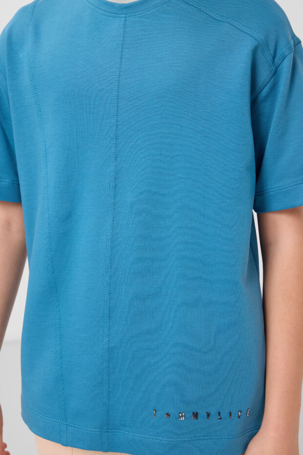Petrol Mavi Pamuklu Yumuşak Dokulu Oversize Basic Erkek Çocuk T-Shirt - 11297 - 3