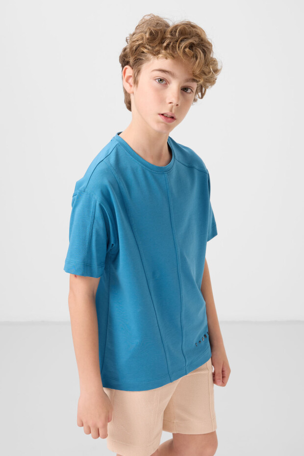 Petrol Mavi Pamuklu Yumuşak Dokulu Oversize Basic Erkek Çocuk T-Shirt - 11297