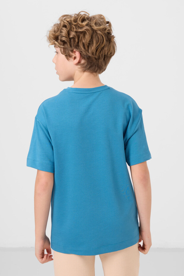 Petrol Mavi Pamuklu Yumuşak Dokulu Oversize Basic Erkek Çocuk T-Shirt - 11297
