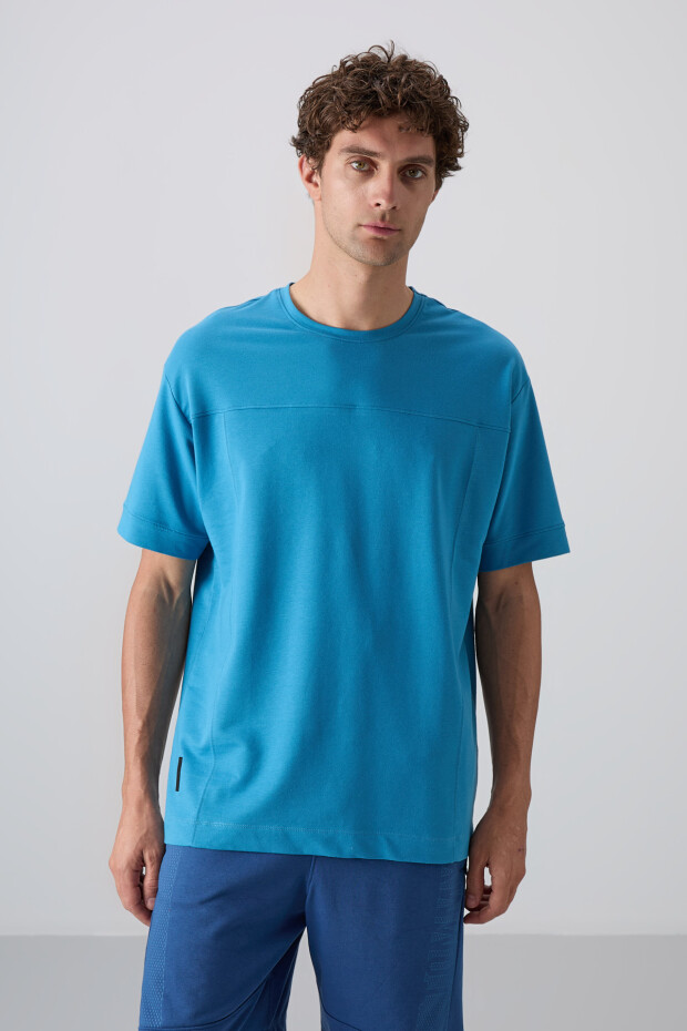 Petrol Mavi Pamuklu Kalın Yumuşak Dokulu Oversize Fit Basic Erkek T-Shirt - 88349 - 2