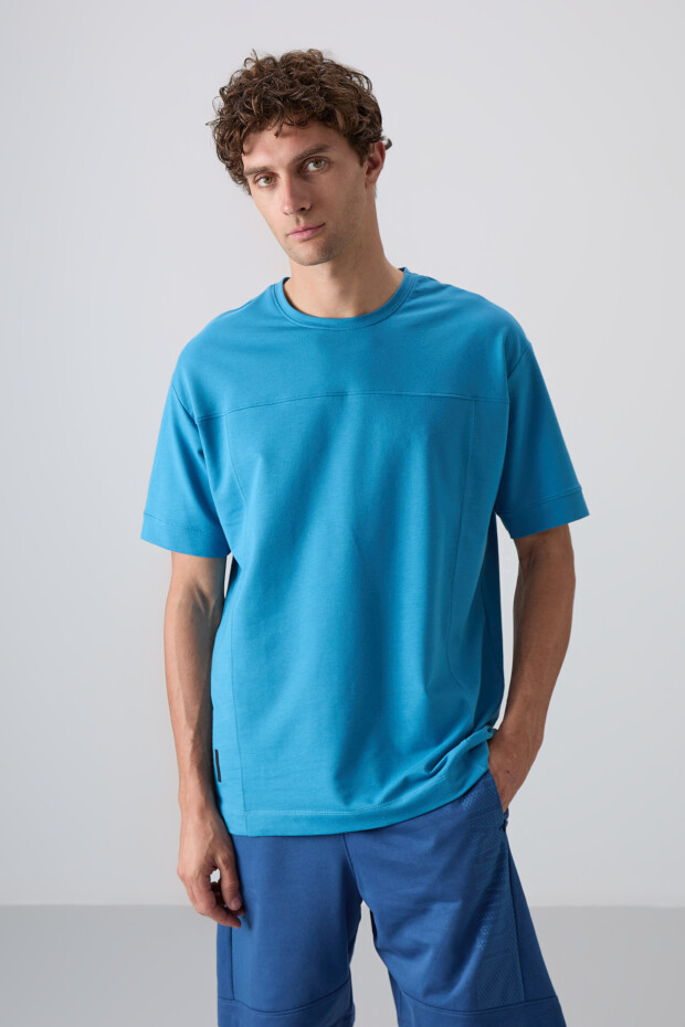 Petrol Mavi Pamuklu Kalın Yumuşak Dokulu Oversize Fit Basic Erkek T-Shirt - 88349 - 1