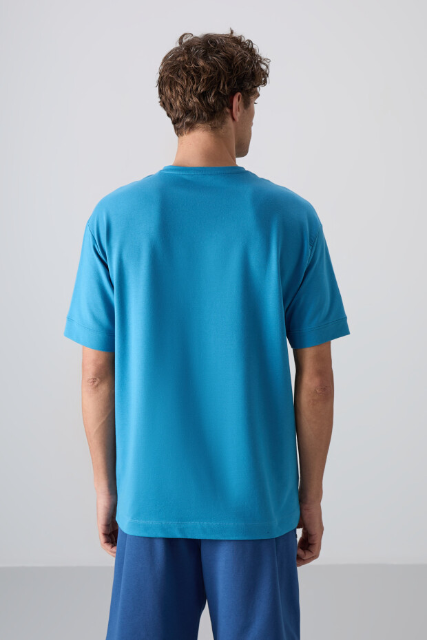 Petrol Mavi Pamuklu Kalın Yumuşak Dokulu Oversize Fit Basic Erkek T-Shirt - 88349 - 6