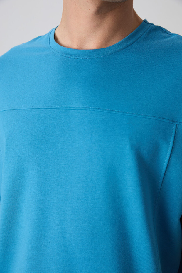Petrol Mavi Pamuklu Kalın Yumuşak Dokulu Oversize Fit Basic Erkek T-Shirt - 88349 - 4