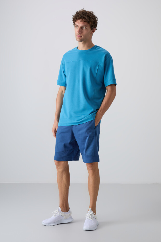 Petrol Mavi Pamuklu Kalın Yumuşak Dokulu Oversize Fit Basic Erkek T-Shirt - 88349 - 5