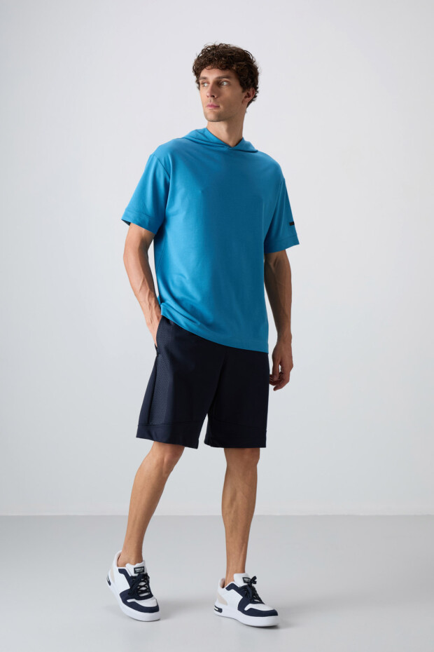 Petrol Mavi Pamuklu Kalın Yumuşak Dokulu Oversize Fit Basic Erkek T-Shirt - 88352 - 2