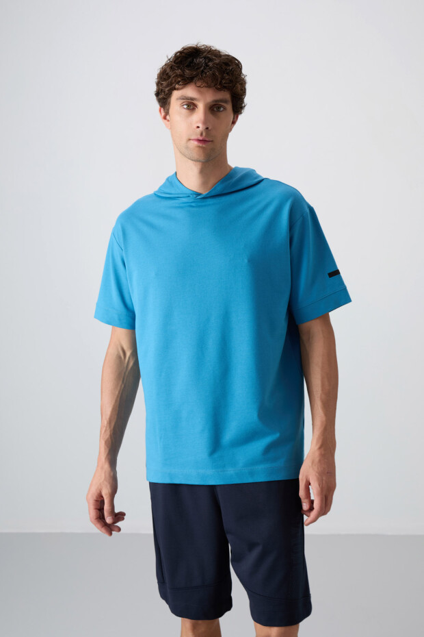 Petrol Mavi Pamuklu Kalın Yumuşak Dokulu Oversize Fit Basic Erkek T-Shirt - 88352 - 1