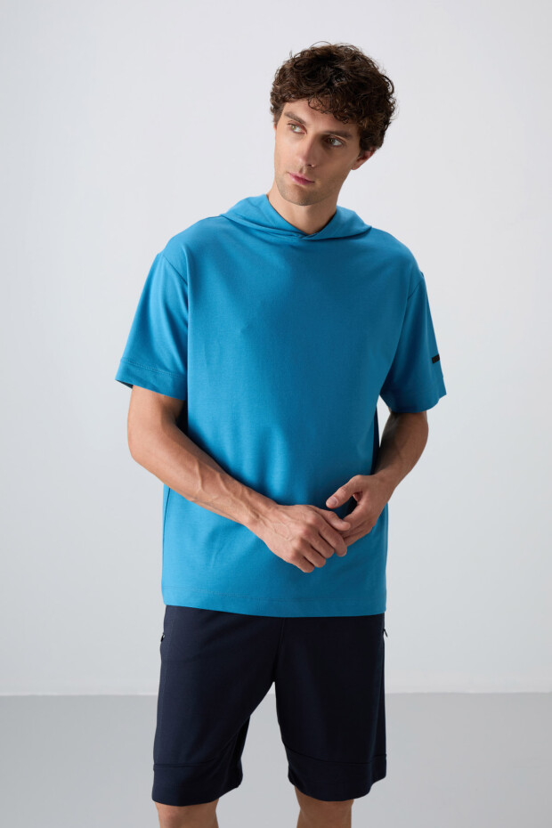 Petrol Mavi Pamuklu Kalın Yumuşak Dokulu Oversize Fit Basic Erkek T-Shirt - 88352 - 4