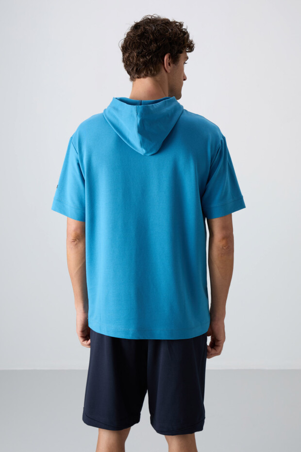 Petrol Mavi Pamuklu Kalın Yumuşak Dokulu Oversize Fit Basic Erkek T-Shirt - 88352 - 5