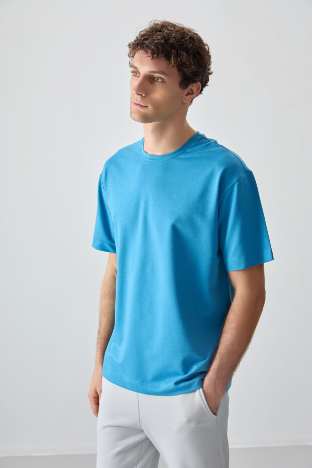 Petrol Mavi Pamuklu Kalın Yumuşak Dokulu Oversize Fit Basic Erkek T-Shirt - 88377 - 3