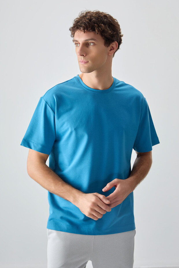 Petrol Mavi Pamuklu Kalın Yumuşak Dokulu Oversize Fit Basic Erkek T-Shirt - 88377 - 5