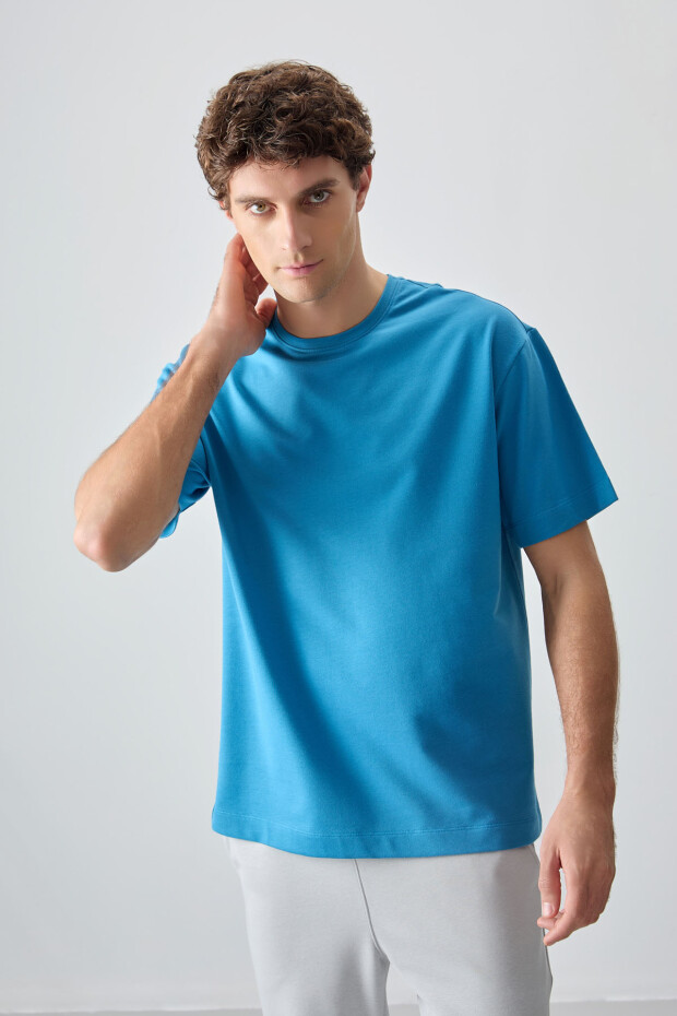 Petrol Mavi Pamuklu Kalın Yumuşak Dokulu Oversize Fit Basic Erkek T-Shirt - 88377 - 2