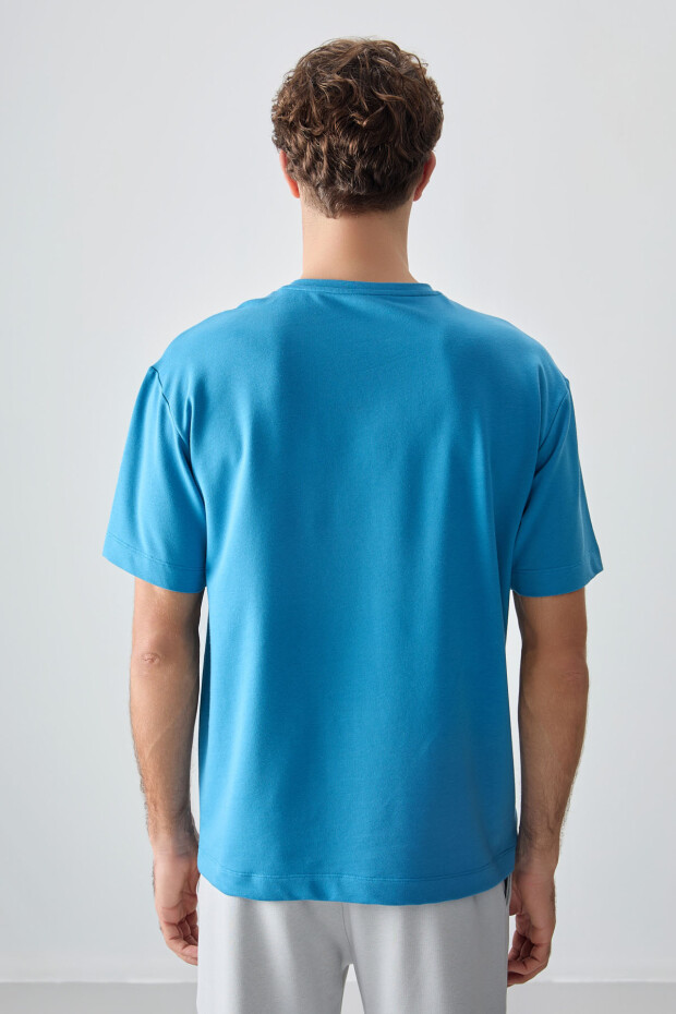 Petrol Mavi Pamuklu Kalın Yumuşak Dokulu Oversize Fit Basic Erkek T-Shirt - 88377 - 6