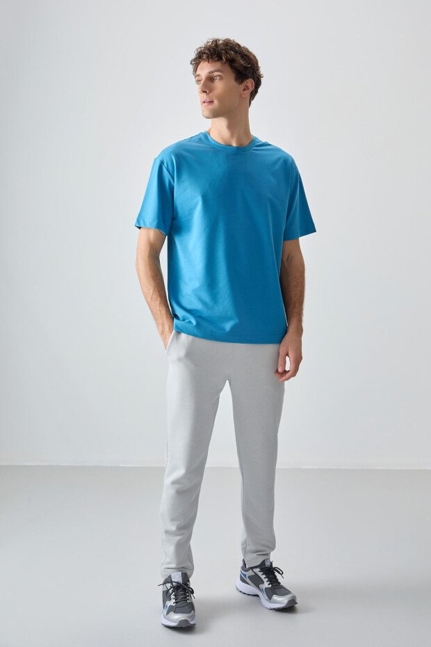 Petrol Mavi Pamuklu Kalın Yumuşak Dokulu Oversize Fit Basic Erkek T-Shirt - 88377 - 4