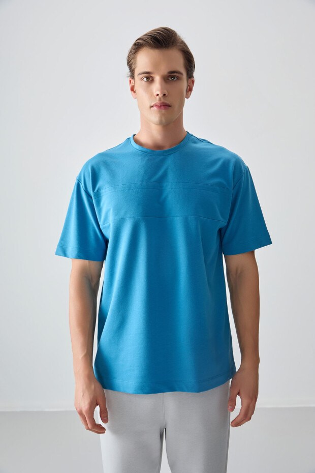 Petrol Mavi Pamuklu Kalın Yumuşak Dokulu Oversize Fit Basic Erkek T-Shirt - 88378 - 1