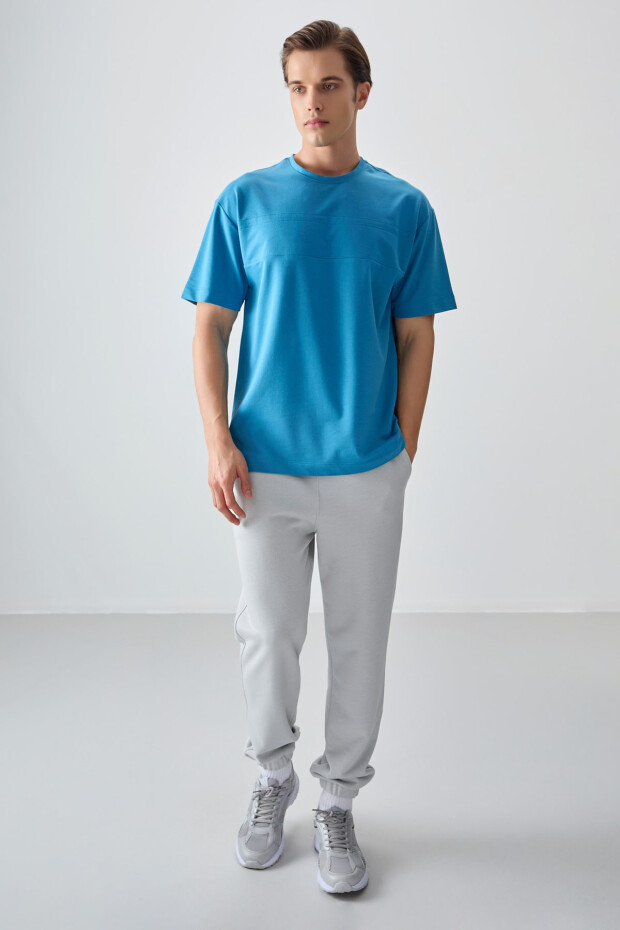 Petrol Mavi Pamuklu Kalın Yumuşak Dokulu Oversize Fit Basic Erkek T-Shirt - 88378 - 2