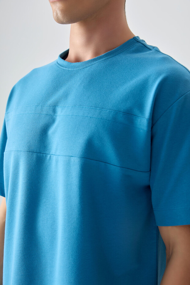 Petrol Mavi Pamuklu Kalın Yumuşak Dokulu Oversize Fit Basic Erkek T-Shirt - 88378 - 3