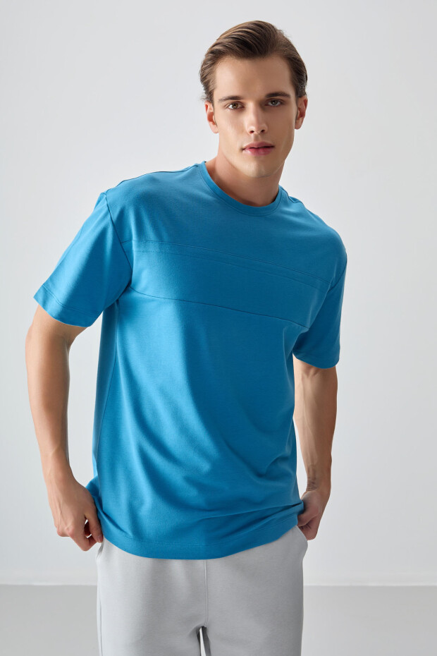 Petrol Mavi Pamuklu Kalın Yumuşak Dokulu Oversize Fit Basic Erkek T-Shirt - 88378 - 4