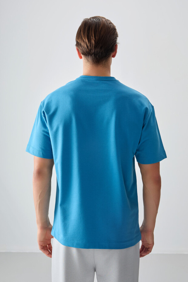 Petrol Mavi Pamuklu Kalın Yumuşak Dokulu Oversize Fit Basic Erkek T-Shirt - 88378 - 5