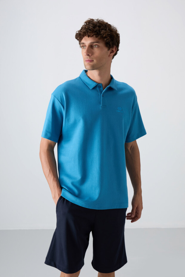 Petrol Mavi Pamuklu Kalın Yumuşak Dokulu Oversize Fit Basic Polo Yaka Erkek T-Shirt - 88327 - 3