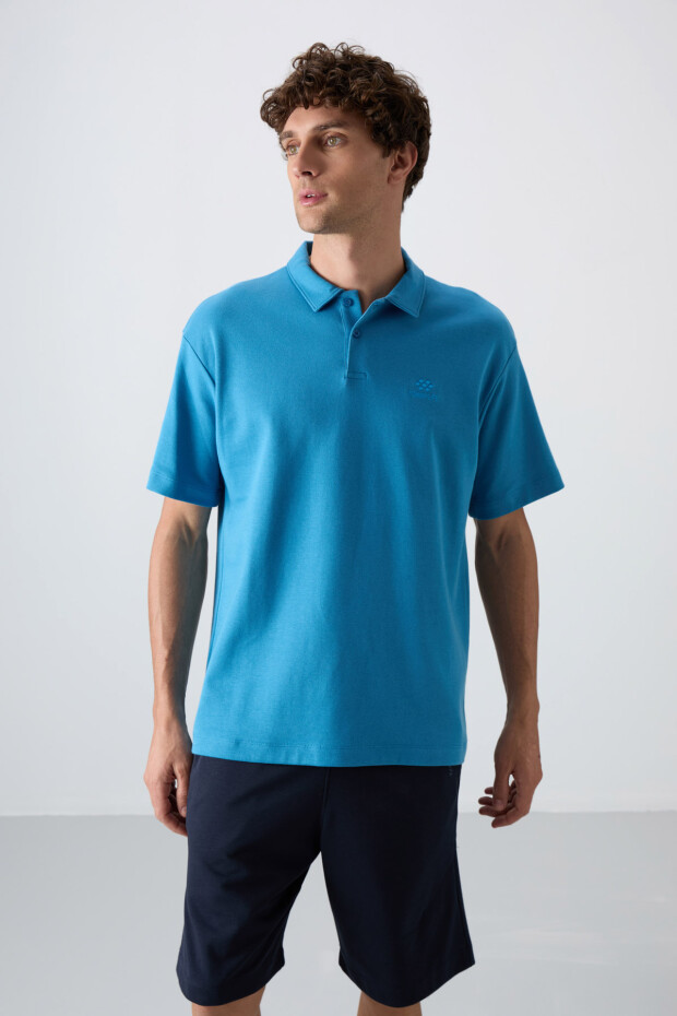 Petrol Mavi Pamuklu Kalın Yumuşak Dokulu Oversize Fit Basic Polo Yaka Erkek T-Shirt - 88327 - 1