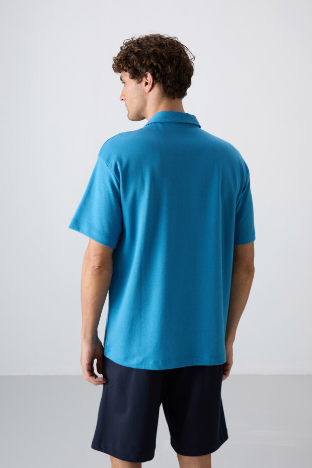 Petrol Mavi Pamuklu Kalın Yumuşak Dokulu Oversize Fit Basic Polo Yaka Erkek T-Shirt - 88327 - 5