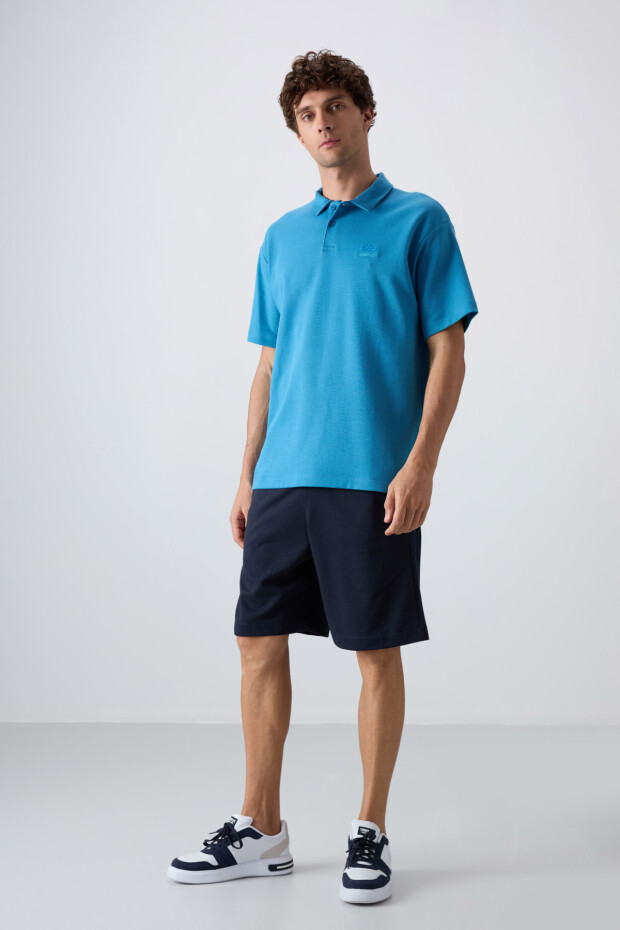 Petrol Mavi Pamuklu Kalın Yumuşak Dokulu Oversize Fit Basic Polo Yaka Erkek T-Shirt - 88327 - 2