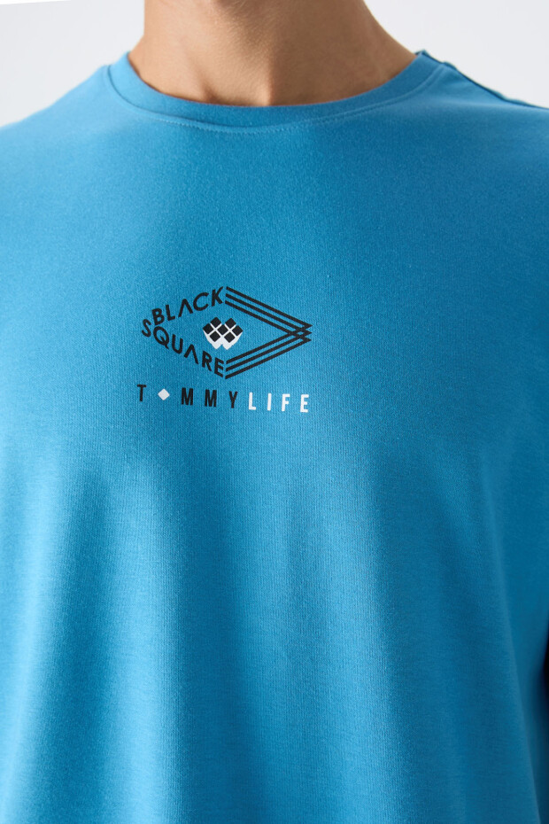 Petrol Mavi Pamuklu Kalın Yumuşak Dokulu Oversize Fit Baskılı Erkek T-Shirt - 88325 - 2