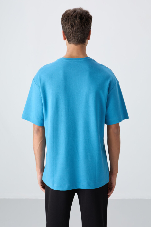 Petrol Mavi Pamuklu Kalın Yumuşak Dokulu Oversize Fit Baskılı Erkek T-Shirt - 88325 - 5