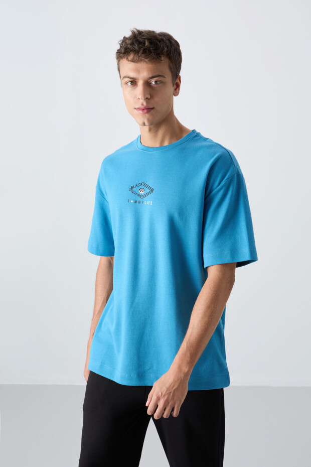 Petrol Mavi Pamuklu Kalın Yumuşak Dokulu Oversize Fit Baskılı Erkek T-Shirt - 88325 - 1