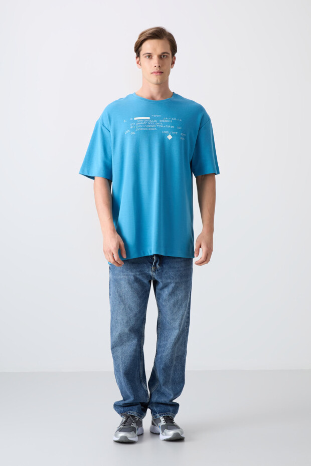 Petrol Mavi Pamuklu Kalın Yumuşak Dokulu Oversize Fit Baskılı Erkek T-Shirt - 88326 - 2