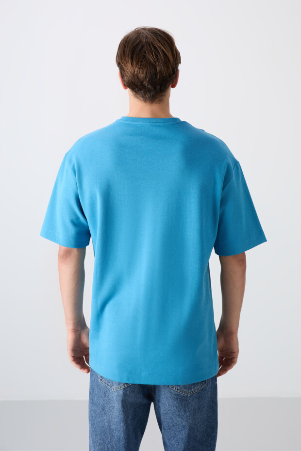 Petrol Mavi Pamuklu Kalın Yumuşak Dokulu Oversize Fit Baskılı Erkek T-Shirt - 88326 - 5